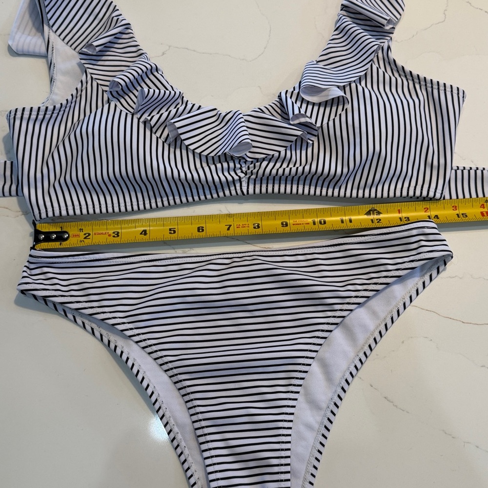 Striped Ruffle Bikini Set - Black & White - Picture 3 of 7